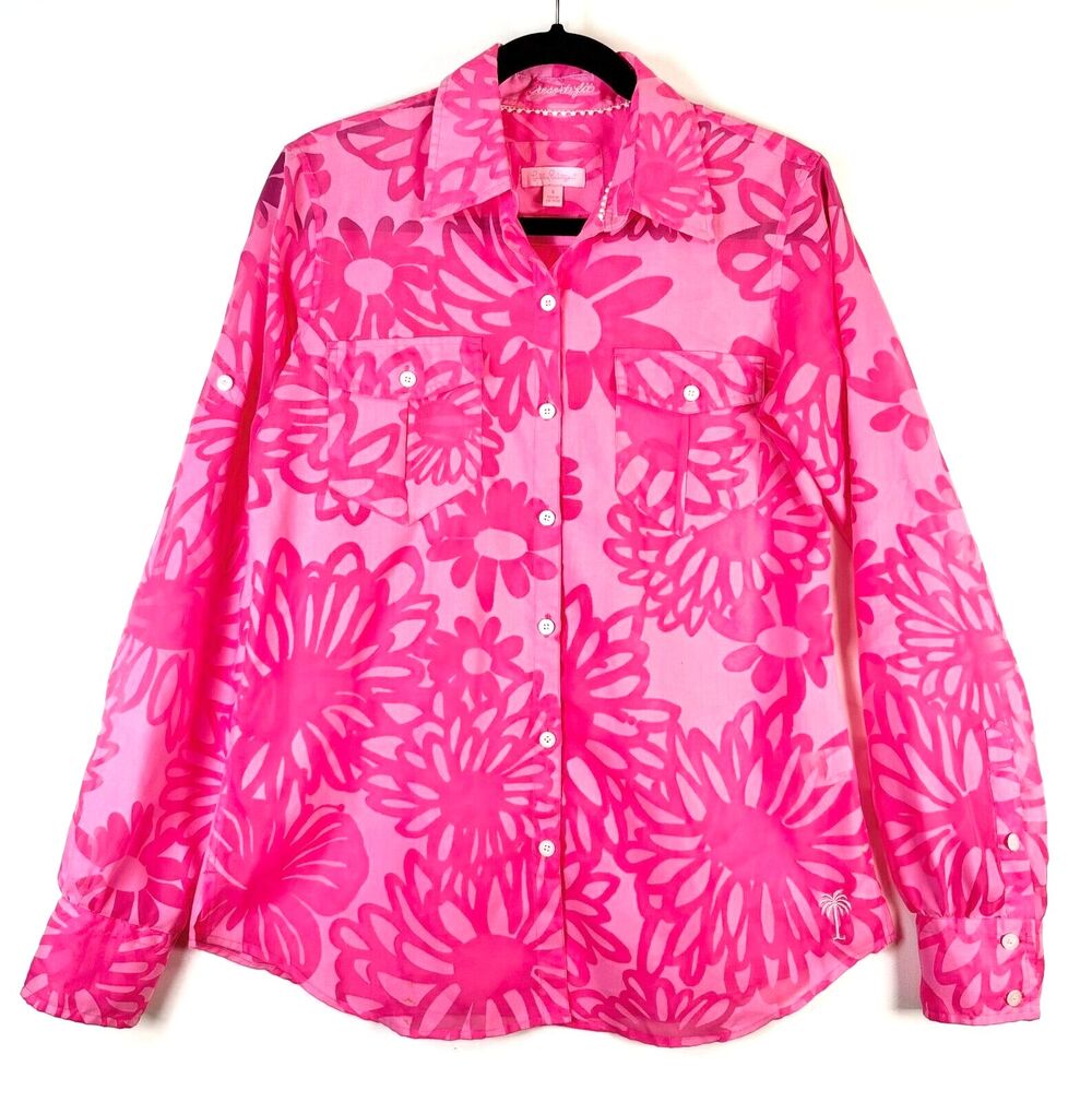 Lilly Pulitzer Womens Shirt Pink Resort Fit Button Up Floral Barbiecore Small